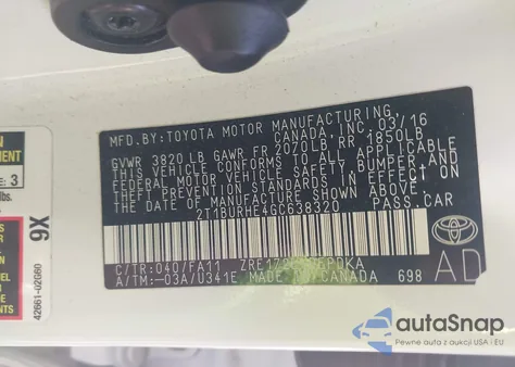 2016 Toyota Corolla L z USA, uszkodzony, nr VIN 2T1BURHE4GC638320